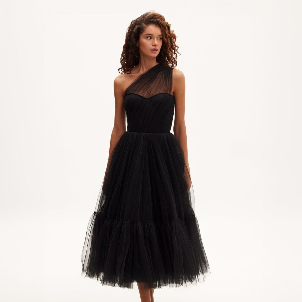 One-Shoulder Black Tulle Midi Dress